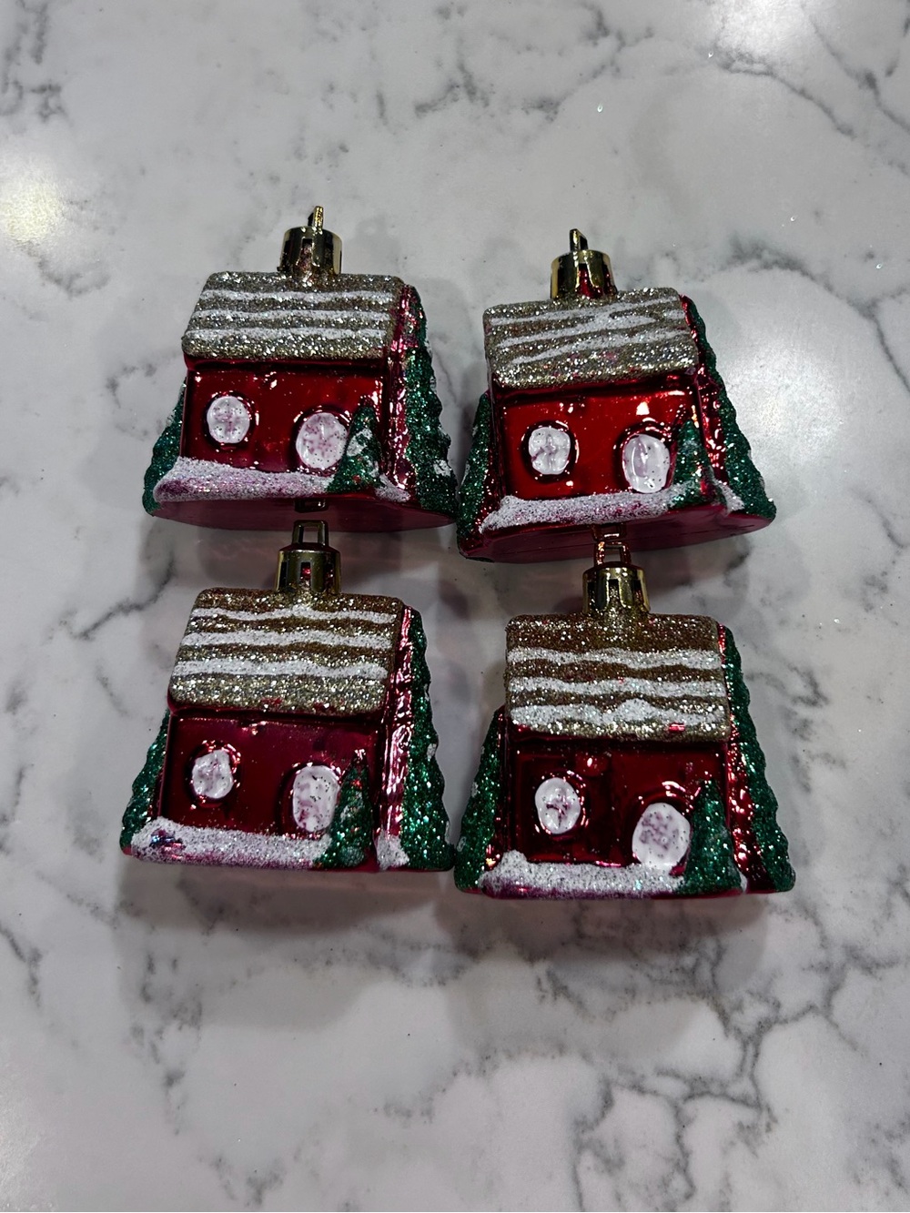 Lot of 4 Vintage Red Glitter Houses Christmas Tree Ornaments